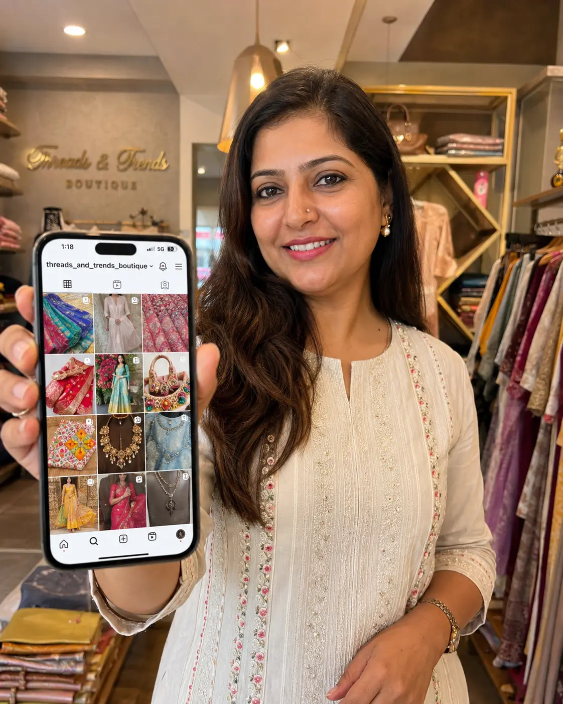 An Indian boutique owner holding a smartphone showing a bright Instagram feed of product posts, warm shop interior in the background