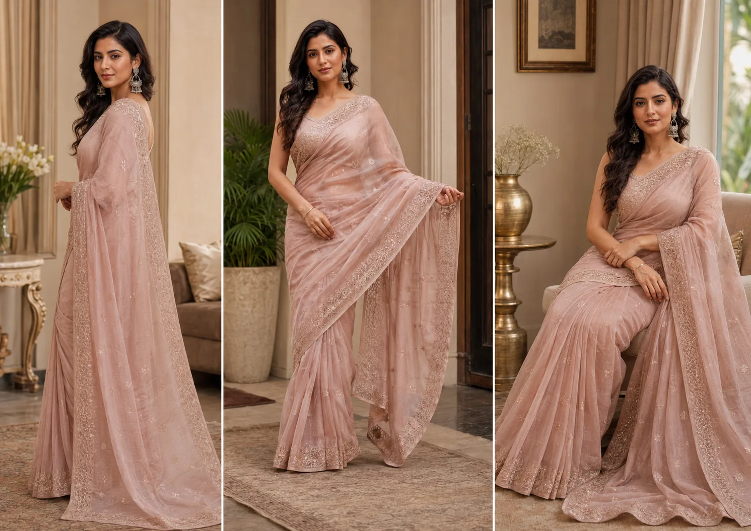 Three-panel comparison showing side-profile, pallu-hold, and seated saree pose in a home setting