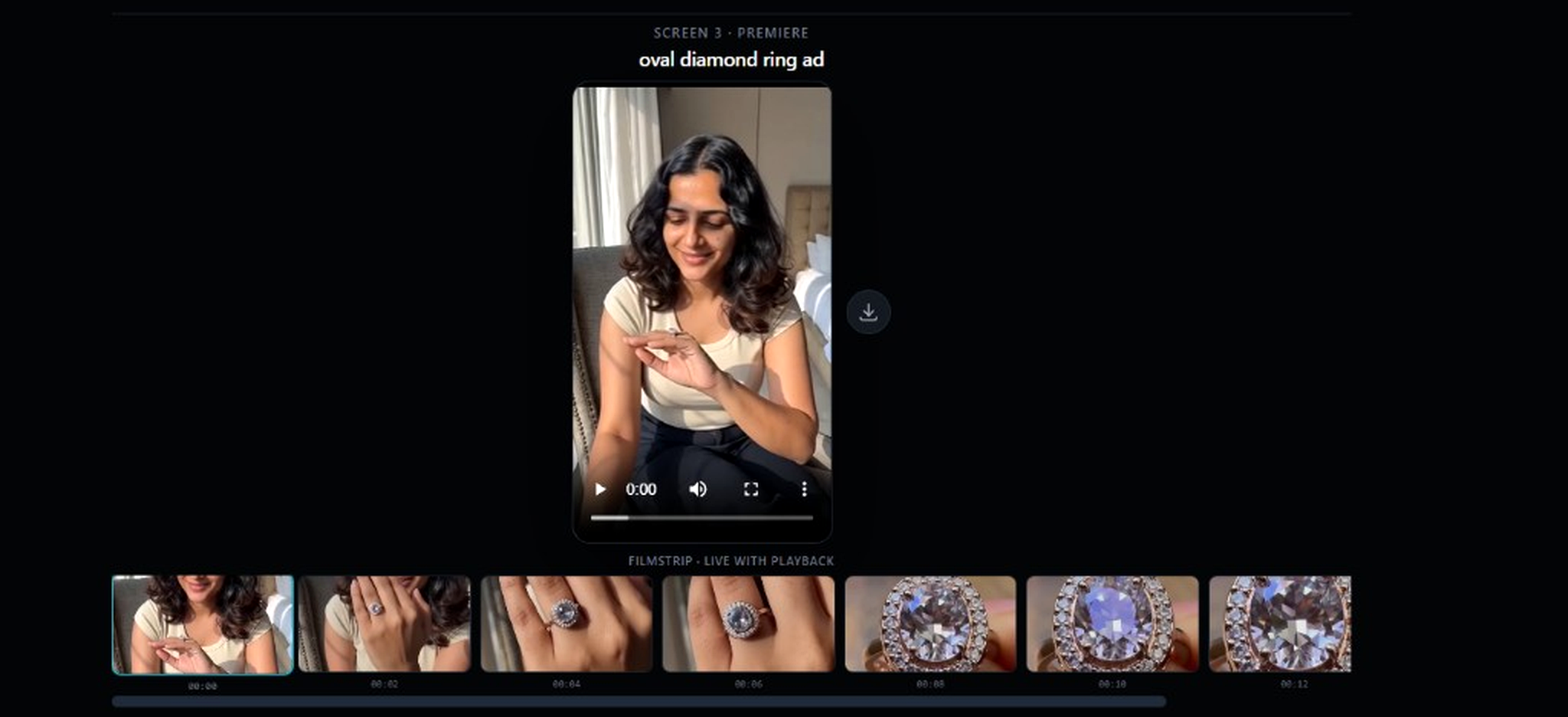 Premiere screen — video player and live filmstrip