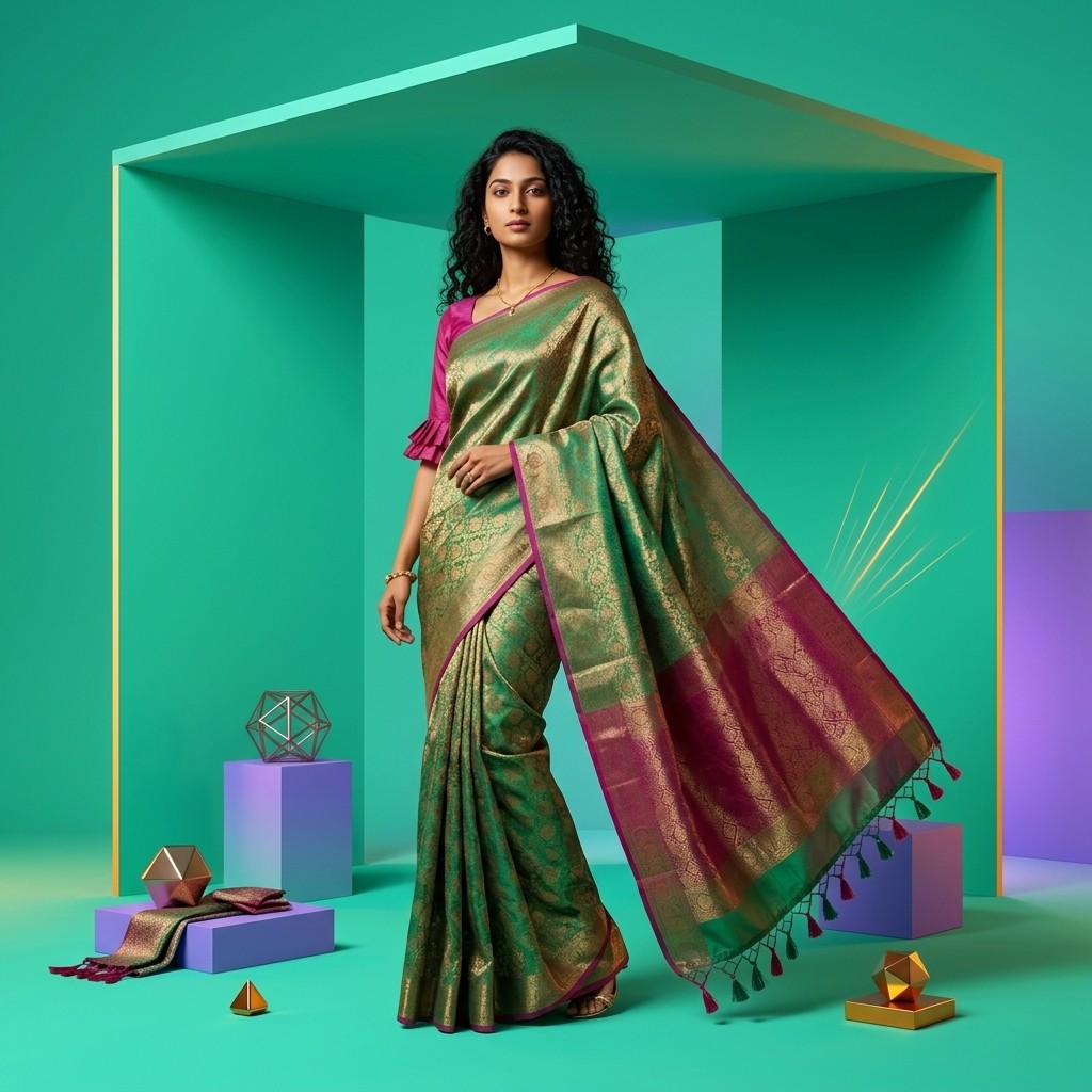 On-brand AI creative — teal studio theme with emerald saree and magenta accents